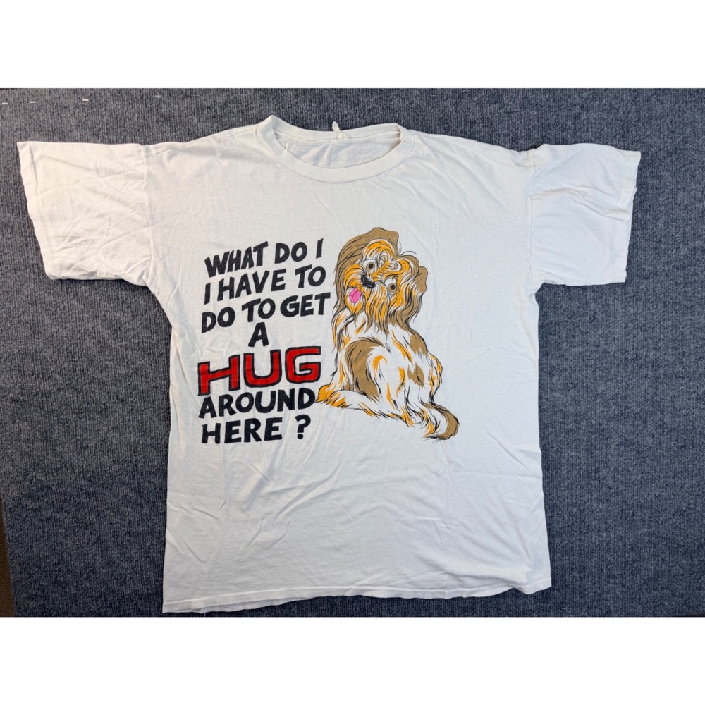Vintage 90s Dog Graphic Tee White Cotton Blend Large Hug Around Here T-Shirt